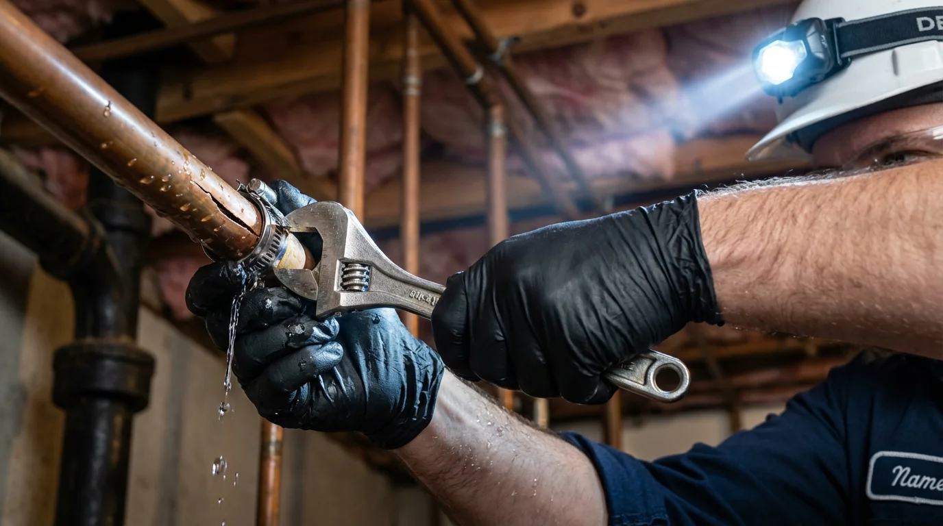 Emergency pipe clamp repair being performed by a Johns Plumbing LLC plumber in King