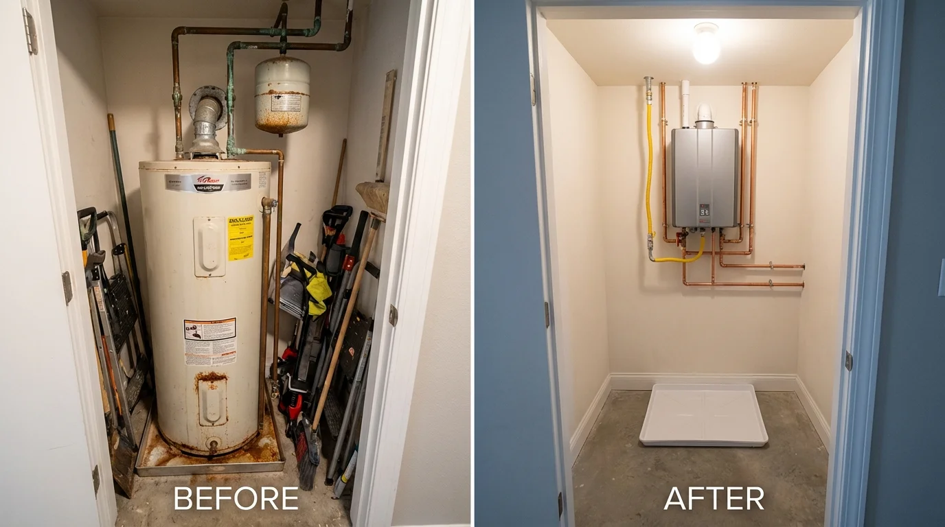 Tank water heater versus wall-mounted tankless unit comparison for King, WI homeowners