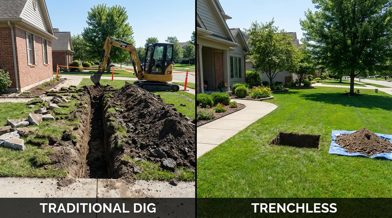 Trenchless sewer repair with minimal yard damage versus traditional excavation in King, WI