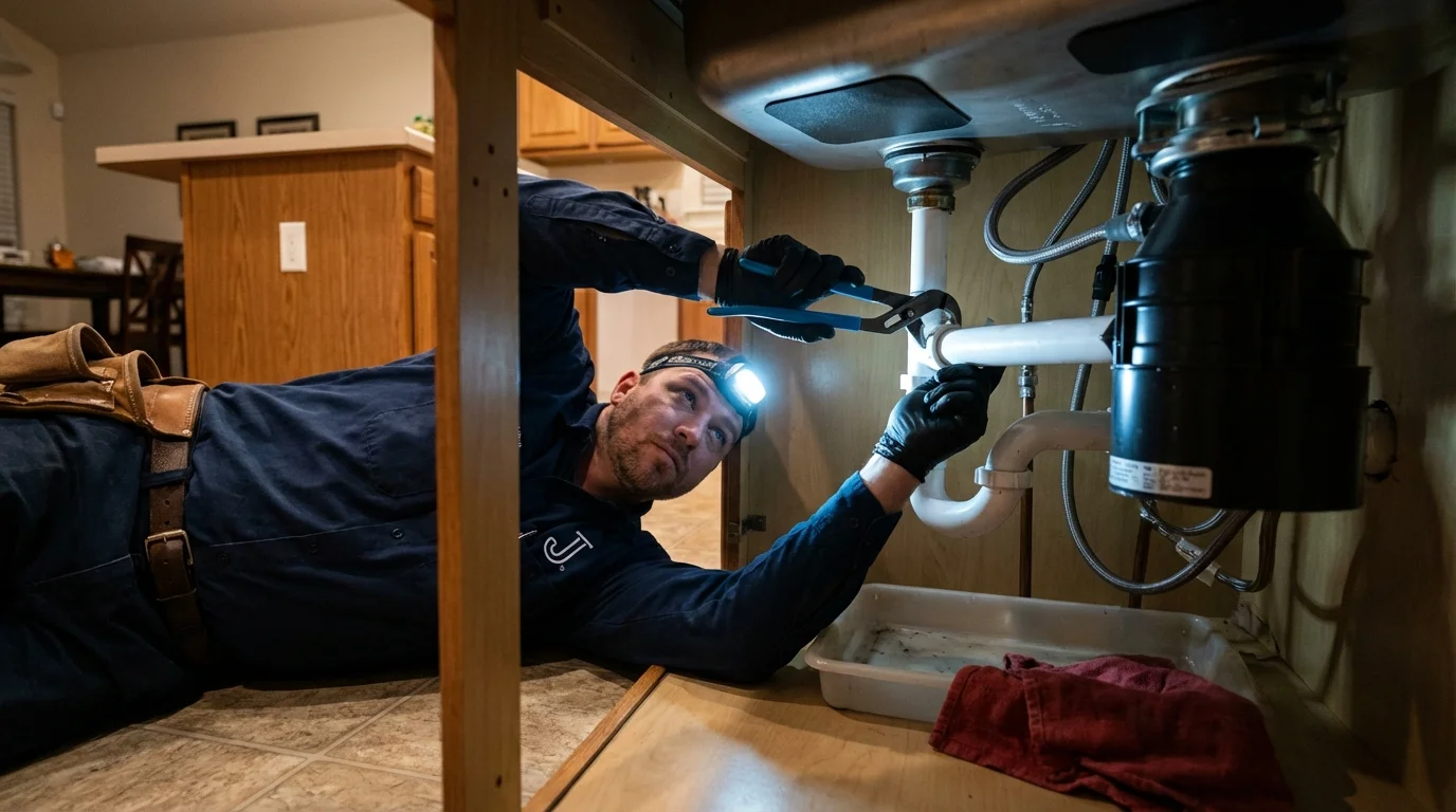 P-trap and supply line connections under a kitchen sink showing a common leak point in King, WI